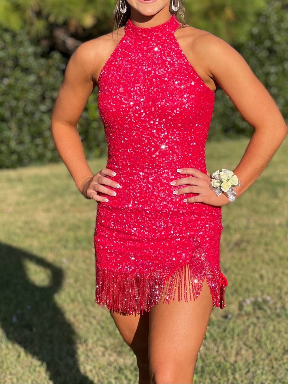 Ashley Lauren Red Sequin Halter Fringe Mini Dress